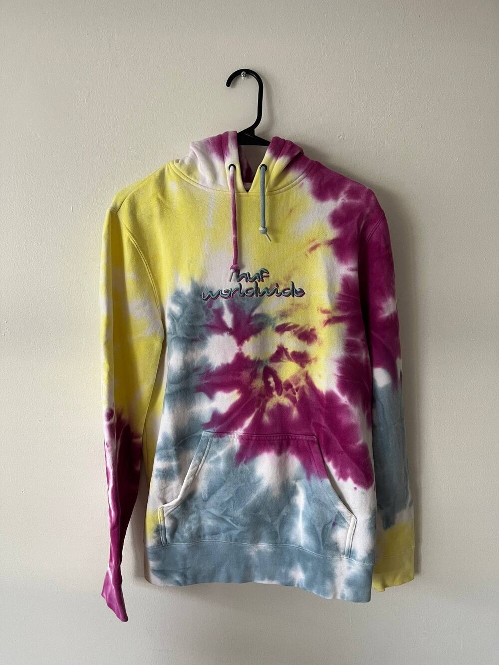 HUF Men's White Pink Yellow Tie Dye Chemistry Hoodie Casual Activewear Small